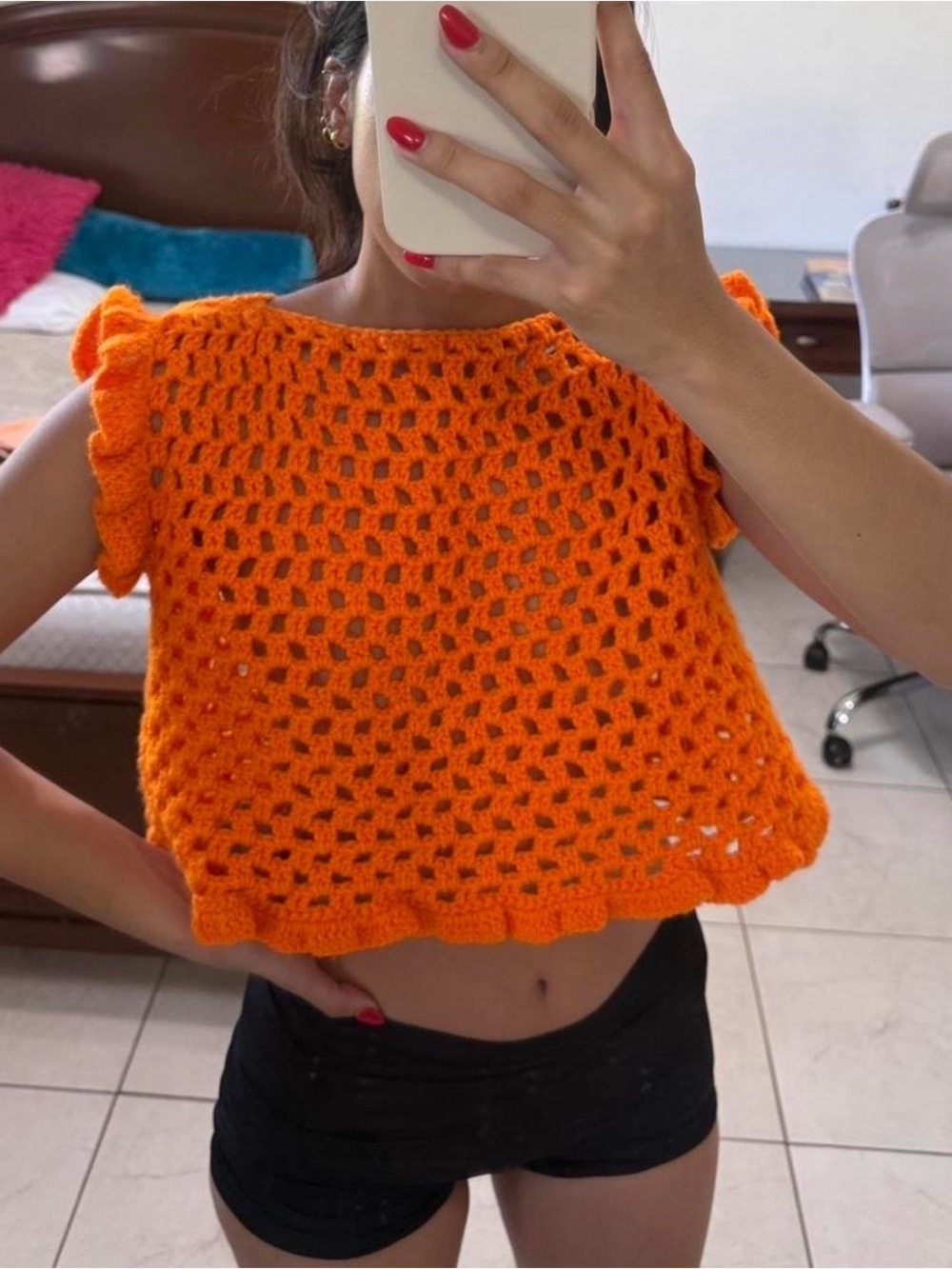 Hand Crafted Bright Orange Crocheted Crop Top